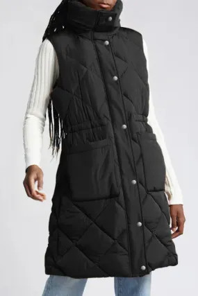 Black Longline Quilted Stand Collar Puffer Gilet