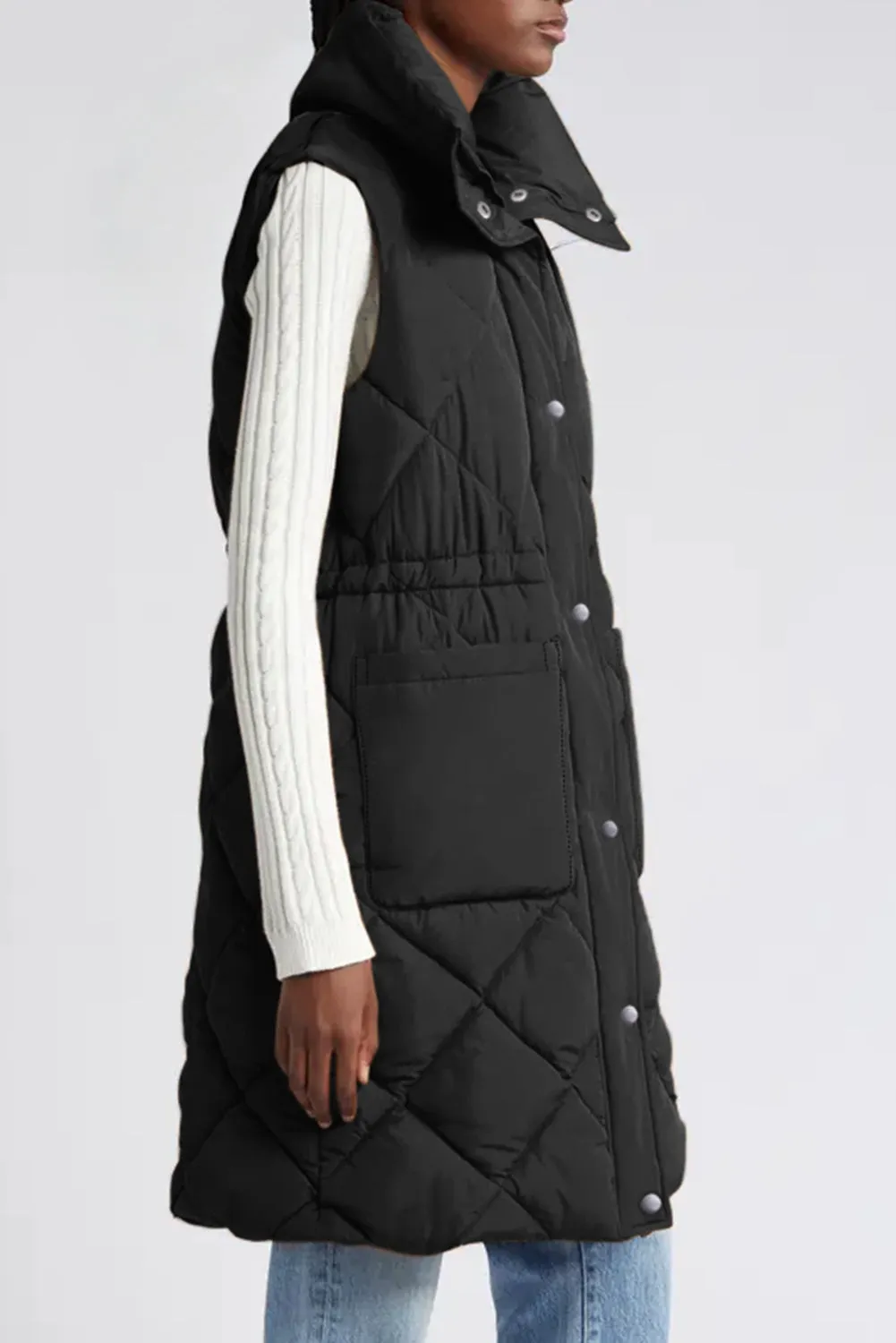 Black Longline Quilted Stand Collar Puffer Gilet