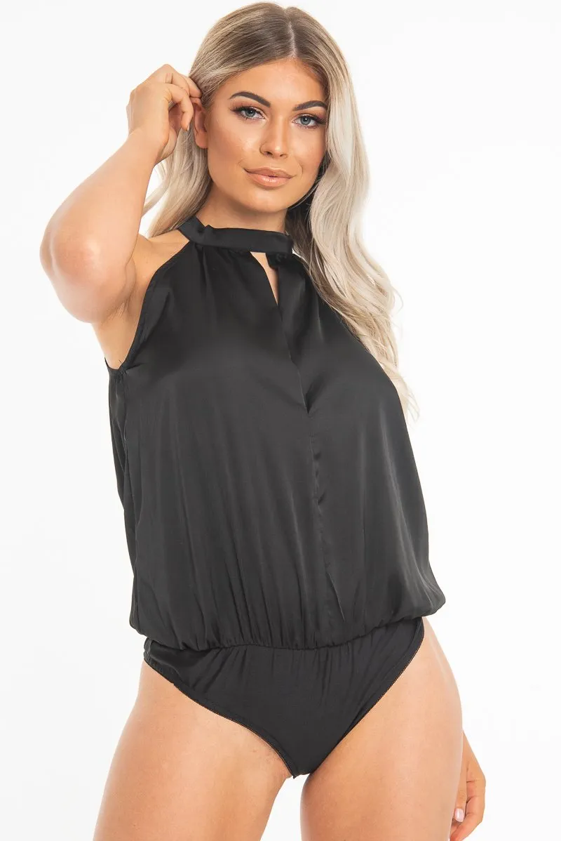 Black Satin High Neck Keyhole Detail Bodysuit - Kalina