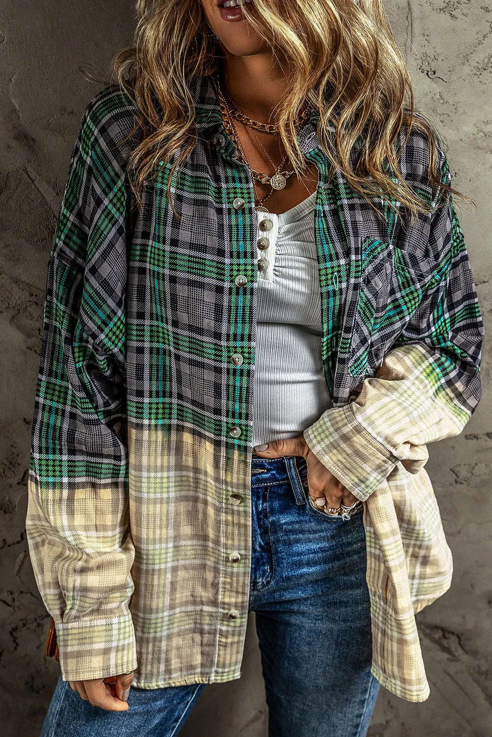 Blackish Green Contrast Plaid Patchwork Chest Pocket Button up Shacket