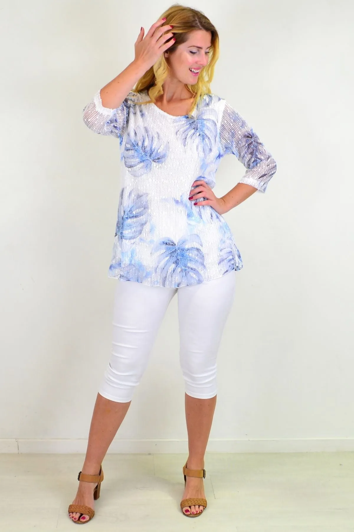 Blue Tropical Sequin Tunic Top