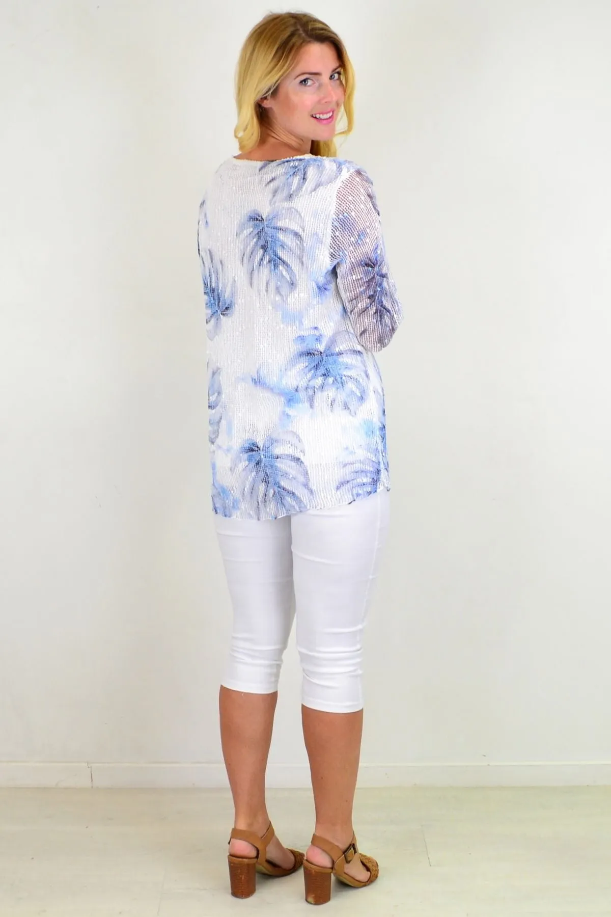 Blue Tropical Sequin Tunic Top