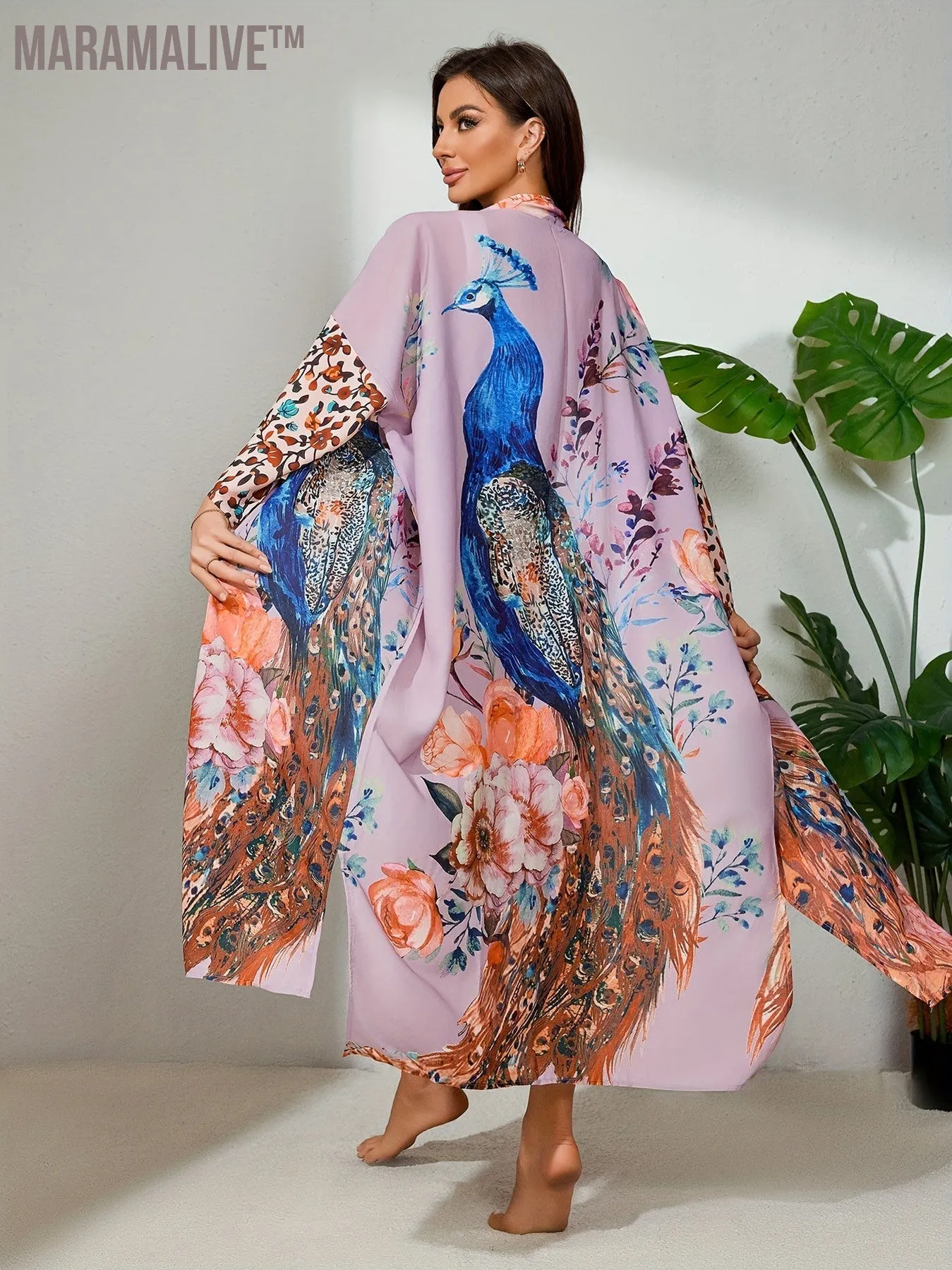 Bohemian Style Women's Peacock Print Beach Cover-Up With Belt, Long Sleeves Loose Fit Vacation Kimono