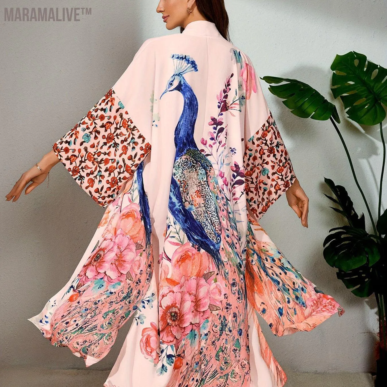 Bohemian Style Women's Peacock Print Beach Cover-Up With Belt, Long Sleeves Loose Fit Vacation Kimono