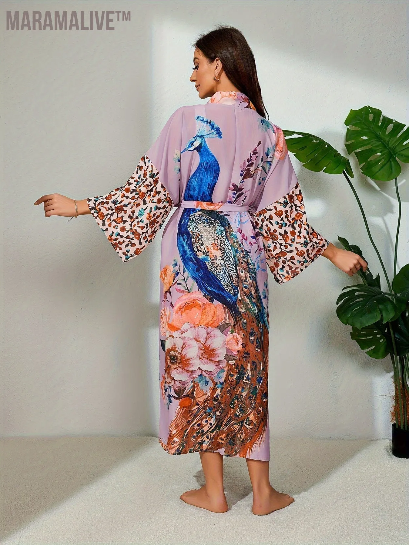 Bohemian Style Women's Peacock Print Beach Cover-Up With Belt, Long Sleeves Loose Fit Vacation Kimono