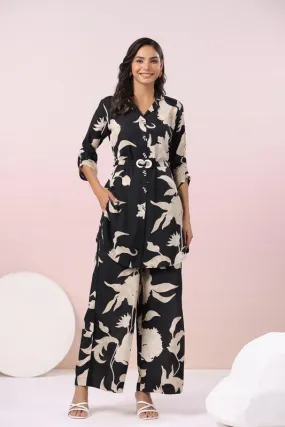 Botanical Print Black Russian Silk Co-Ord Set