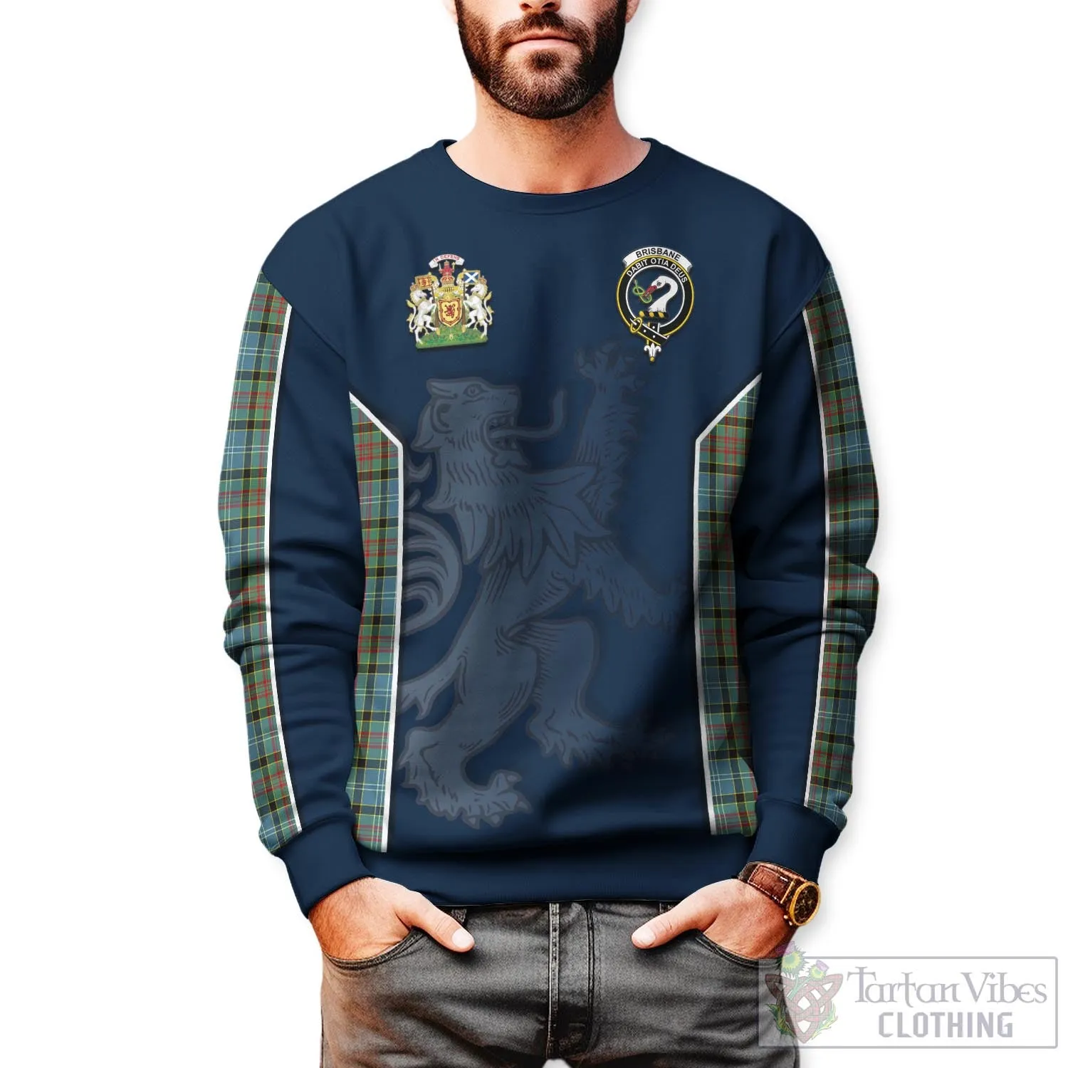 Brisbane Tartan Sweater with Family Crest and Lion Rampant Vibes Sport Style