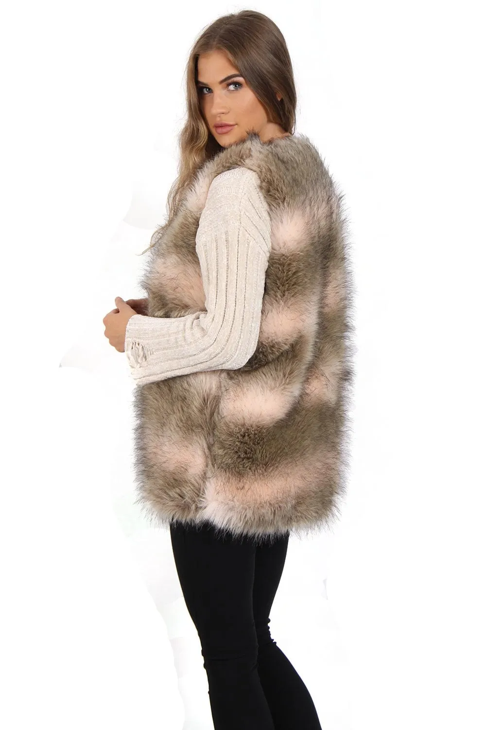 Brown and Pink Stripe Faux Fur Gilet