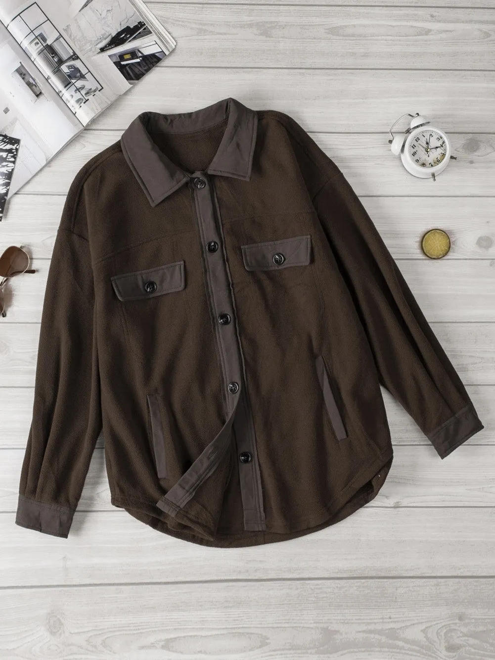 Brown Chic Button-Up Collared Shirt Jacket