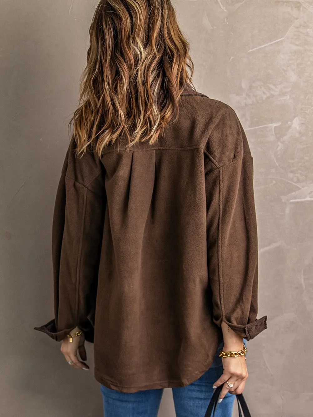 Brown Chic Button-Up Collared Shirt Jacket