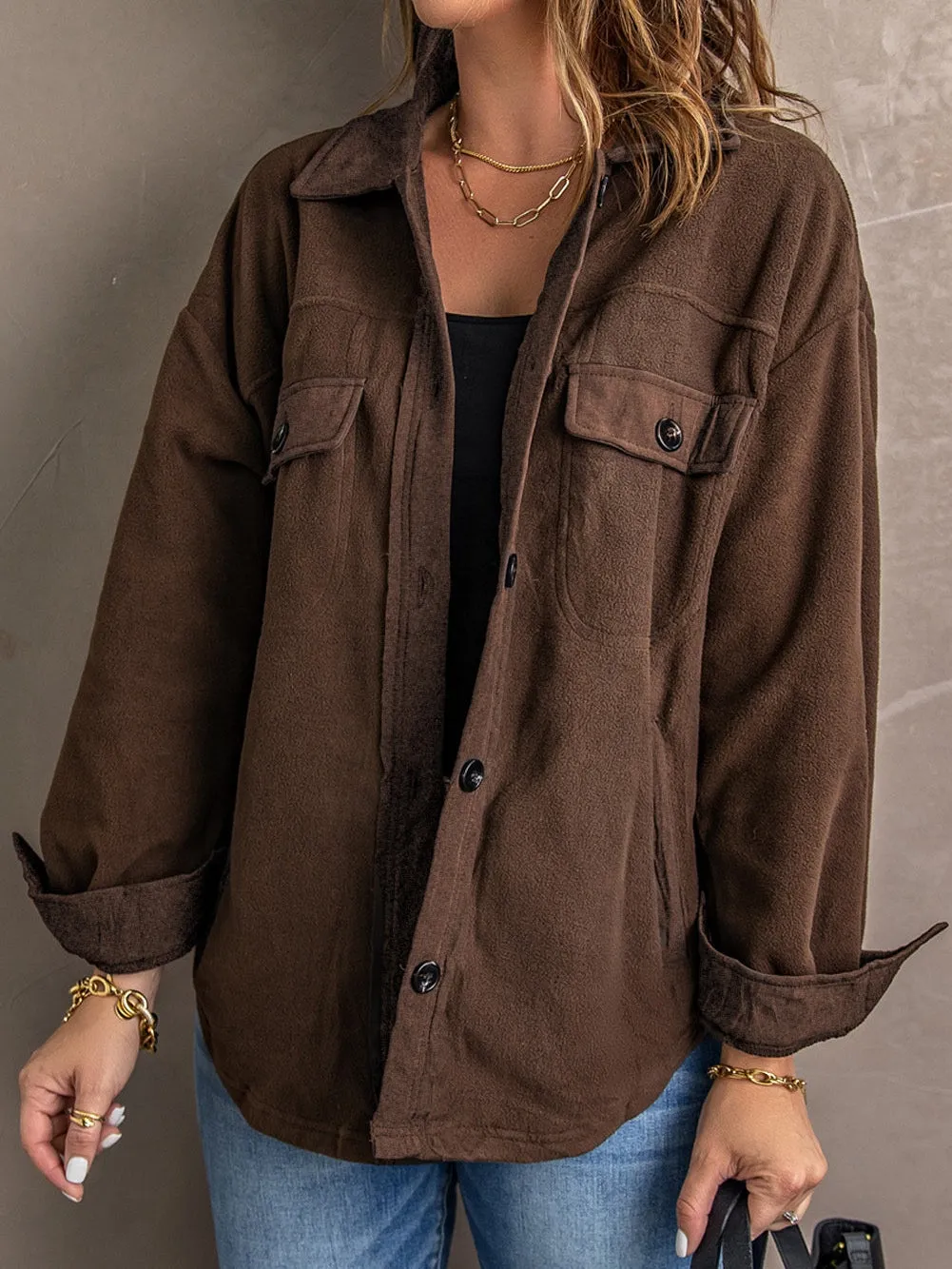 Brown Chic Button-Up Collared Shirt Jacket