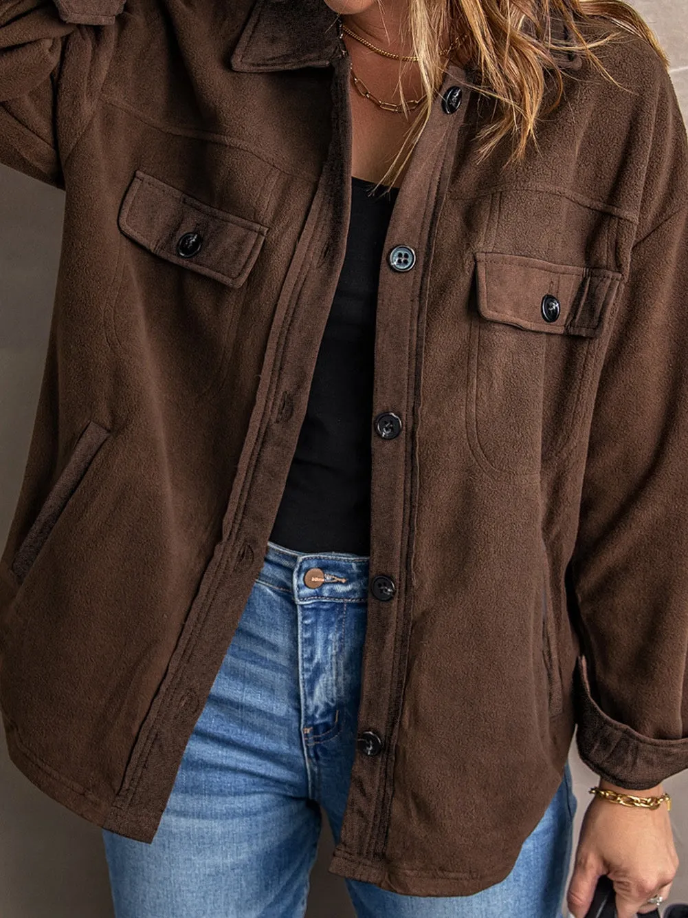 Brown Chic Button-Up Collared Shirt Jacket