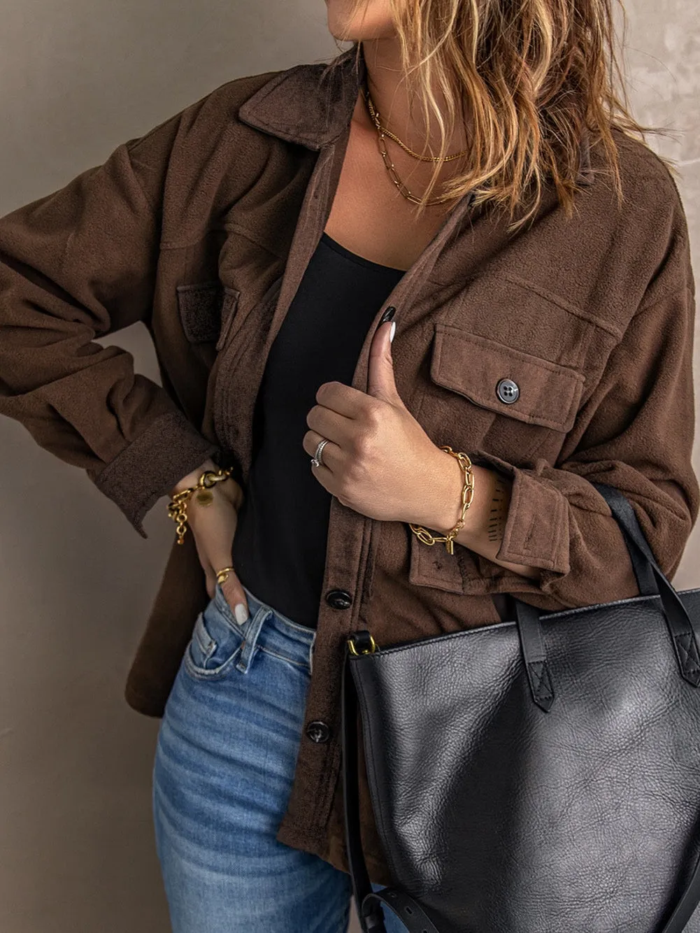 Brown Chic Button-Up Collared Shirt Jacket