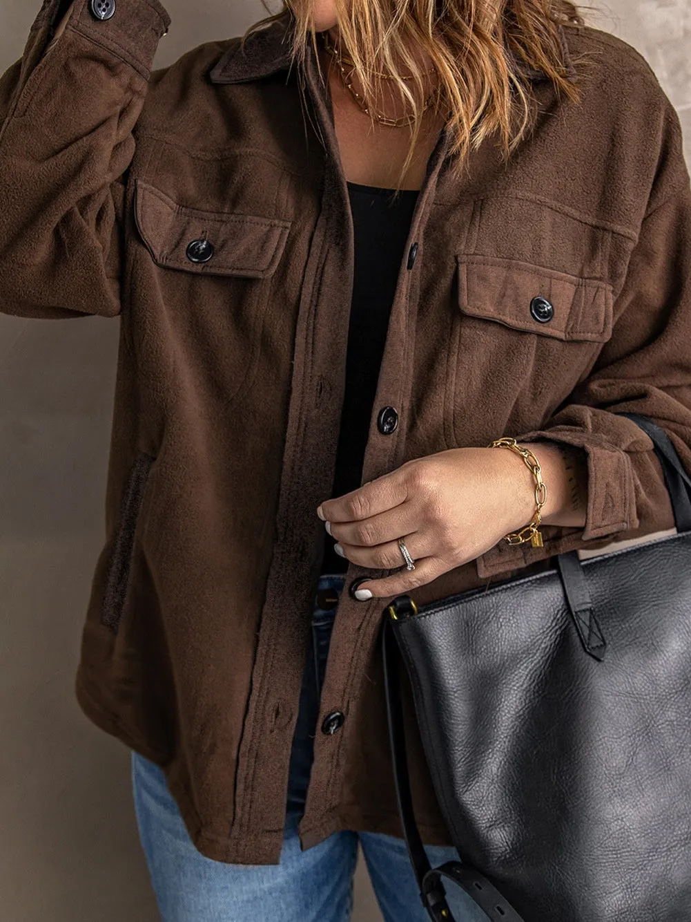 Brown Chic Button-Up Collared Shirt Jacket