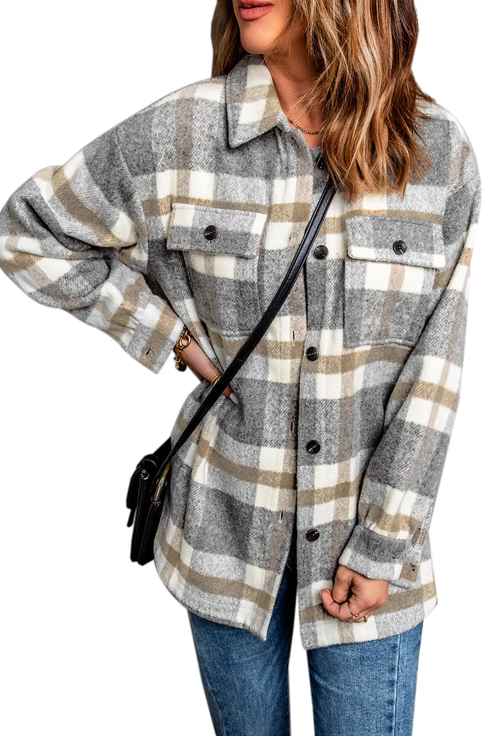 Brown Plaid Print Casual Pocket Shacket