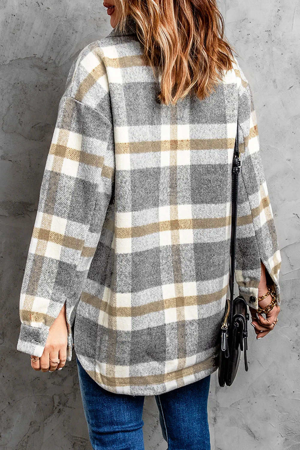 Brown Plaid Print Casual Pocket Shacket