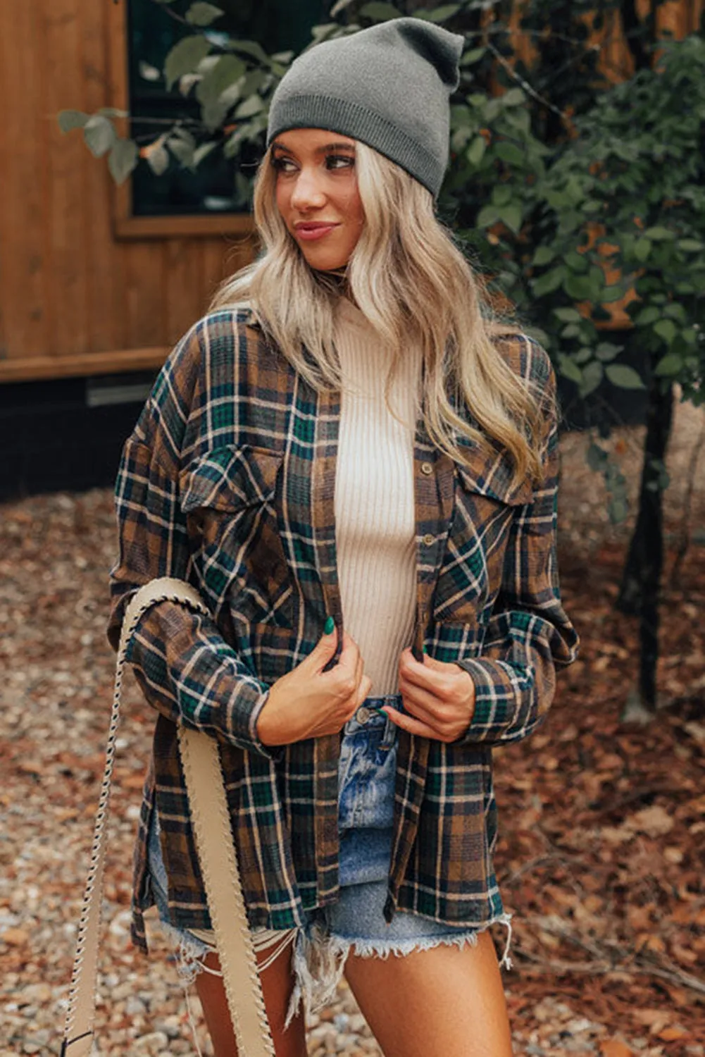 Brown Plaid Print Chest Pockets Buttoned Shacket