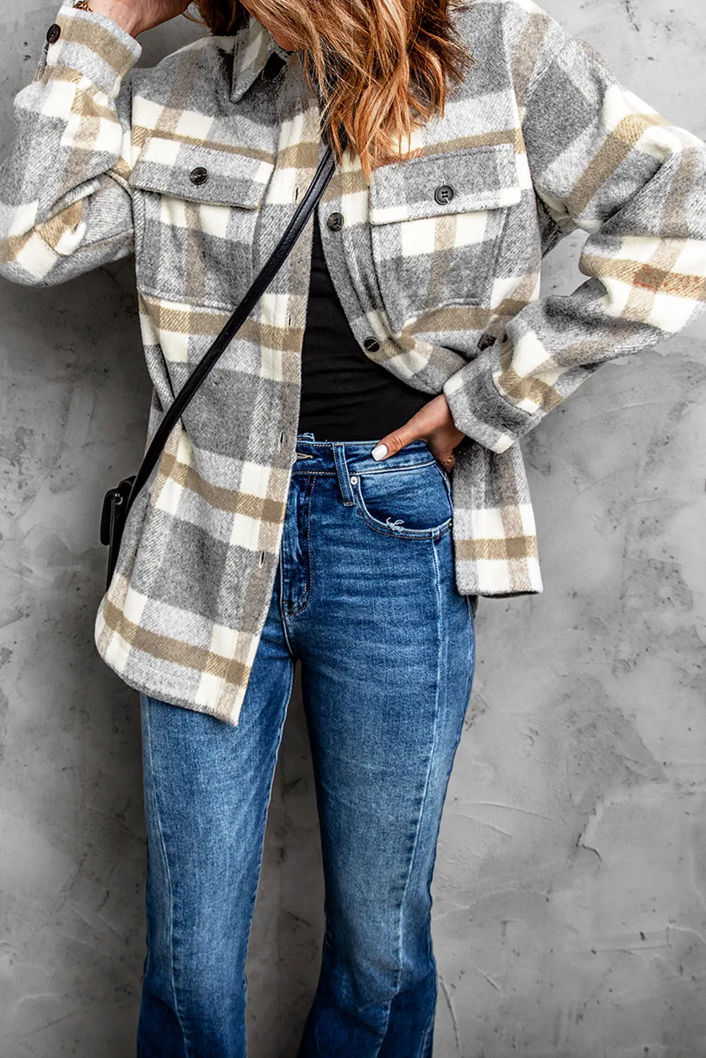 Brown Plaid Print Pocket Women Shacket