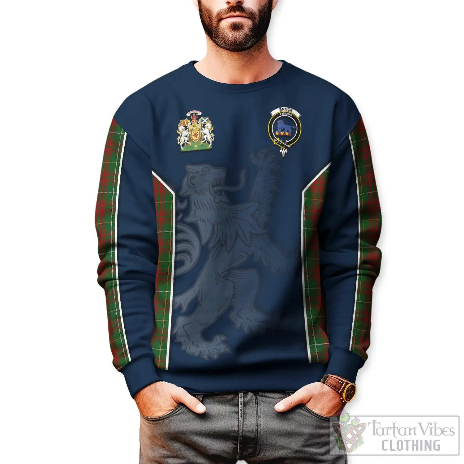 Bruce Hunting Tartan Sweater with Family Crest and Lion Rampant Vibes Sport Style