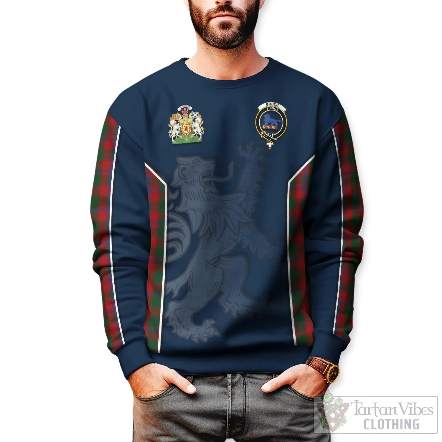 Bruce Old Tartan Sweater with Family Crest and Lion Rampant Vibes Sport Style