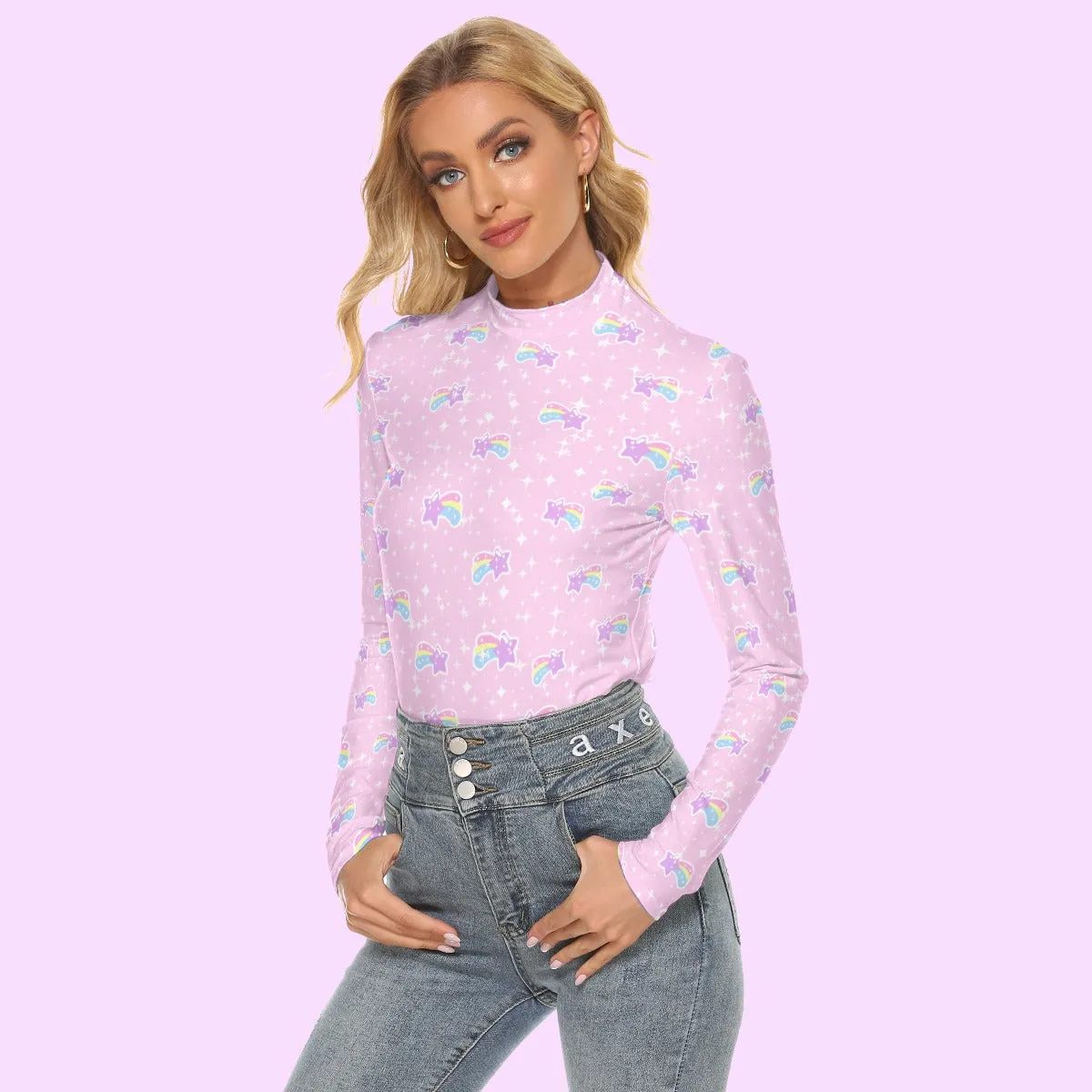 Bubblegum Bunny Shooting Stars Women's Stretchable Slim Fit Turtleneck Top