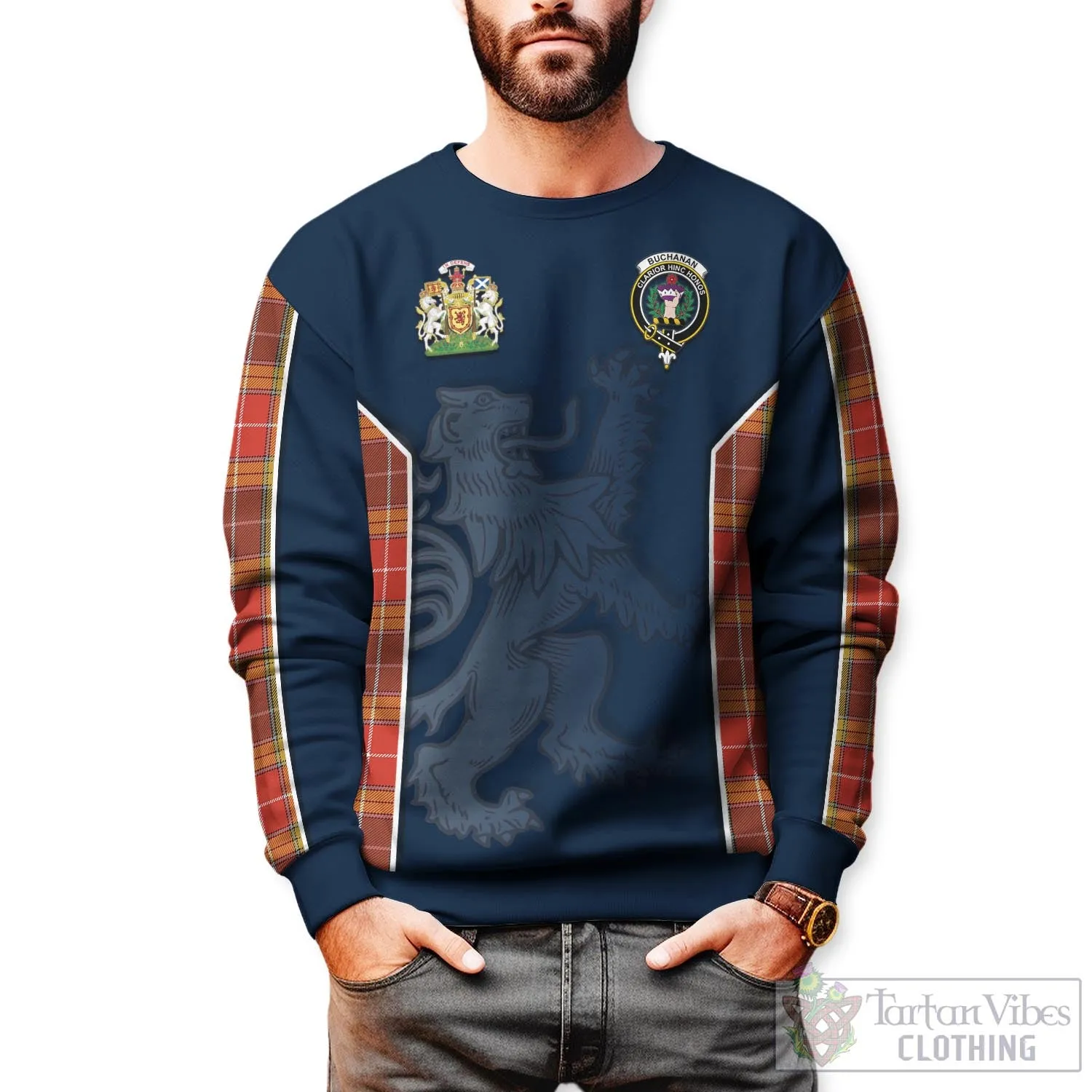 Buchanan Old Set Weathered Tartan Sweater with Family Crest and Lion Rampant Vibes Sport Style