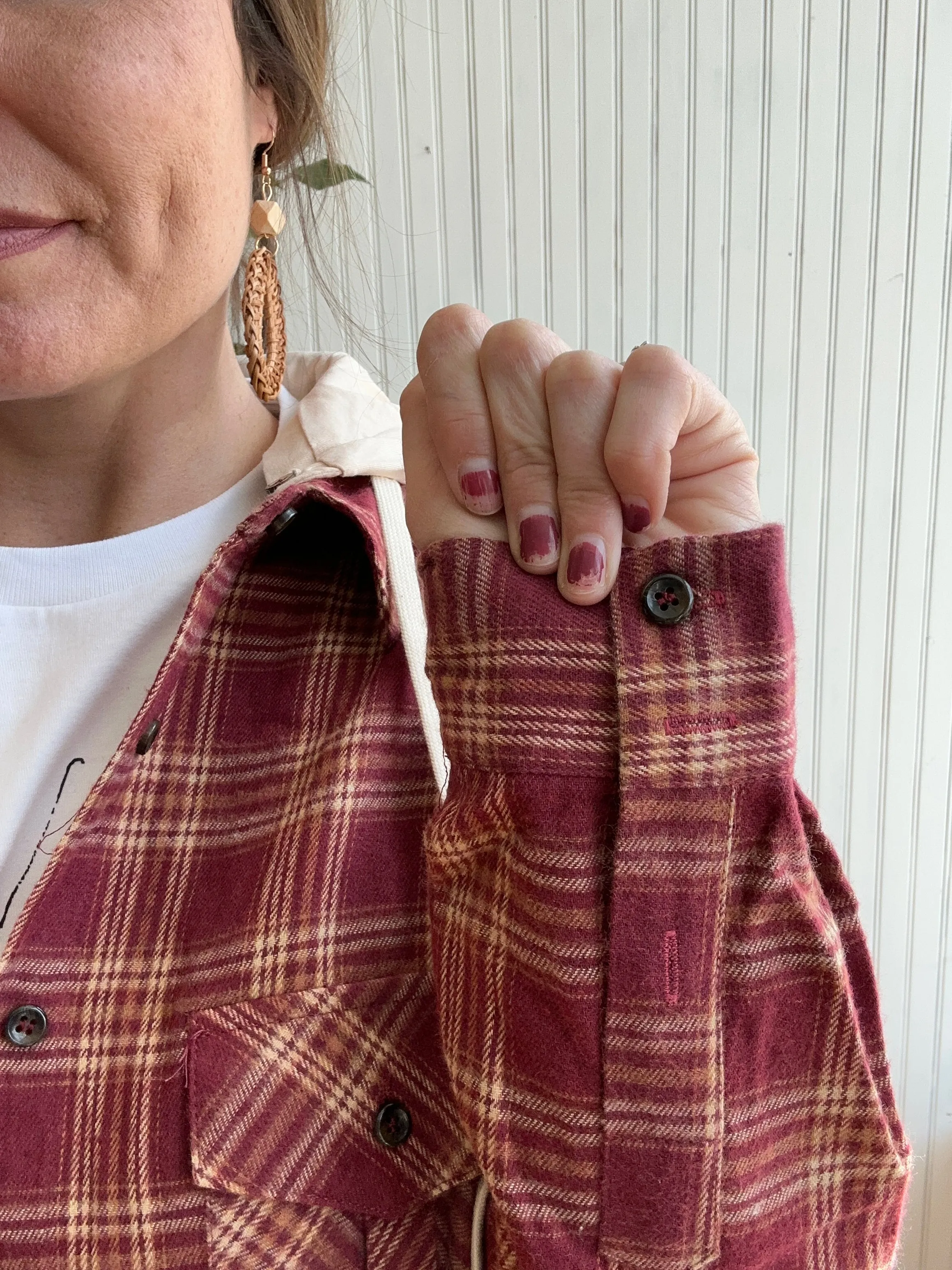 Burgundy/Taupe Lightweight Plaid Shacket with Hood