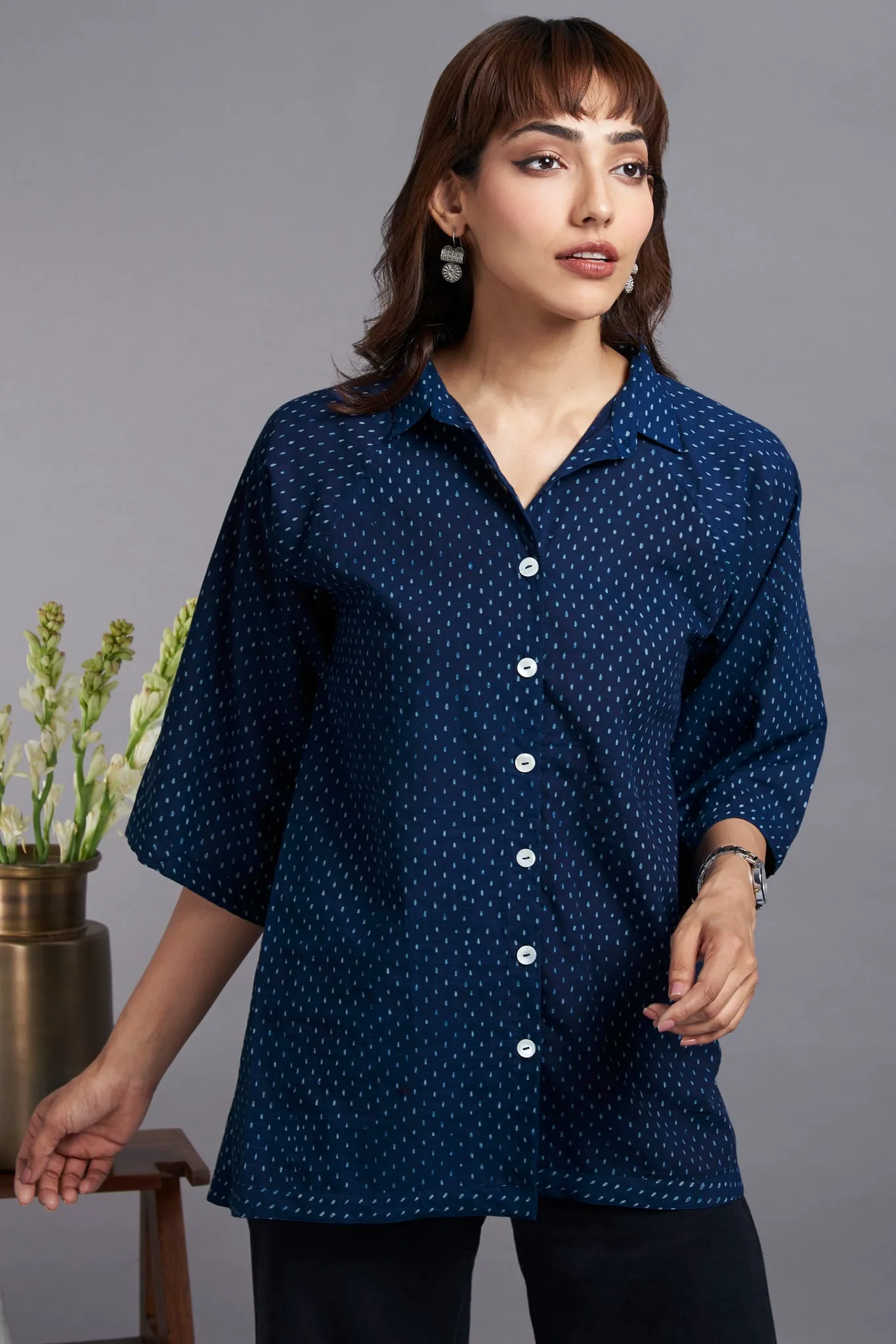 button down shirt with round hem & easy sleeve - indigo sprinkles & midsummer night