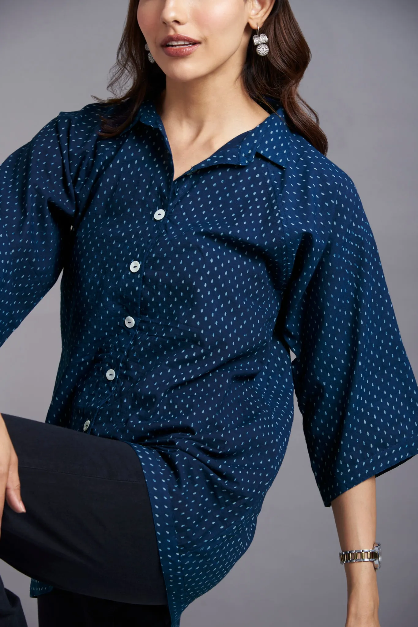 button down shirt with round hem & easy sleeve - indigo sprinkles & midsummer night