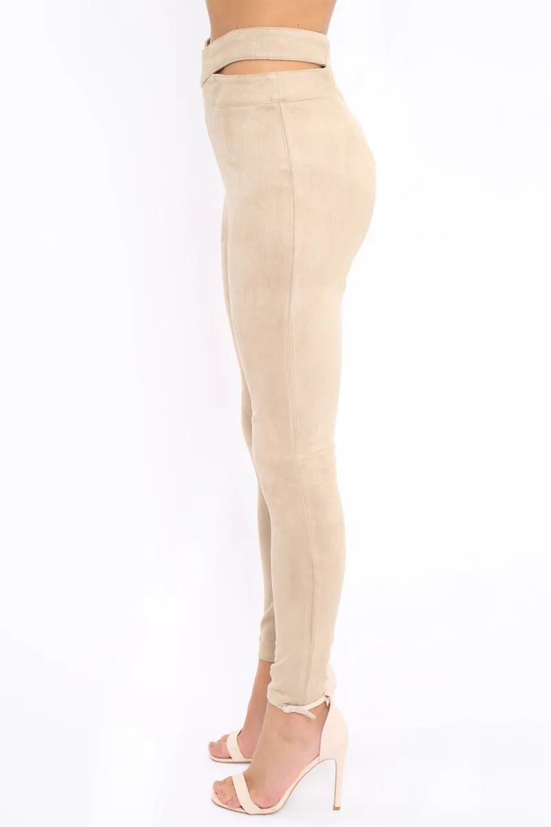 Camel Cut Out Waist Suede Leggings - Anala