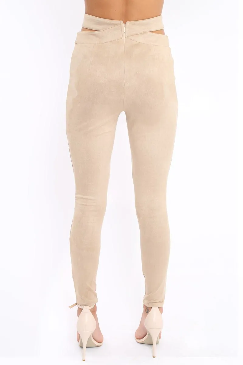 Camel Cut Out Waist Suede Leggings - Anala