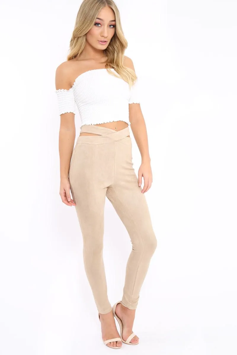 Camel Cut Out Waist Suede Leggings - Anala