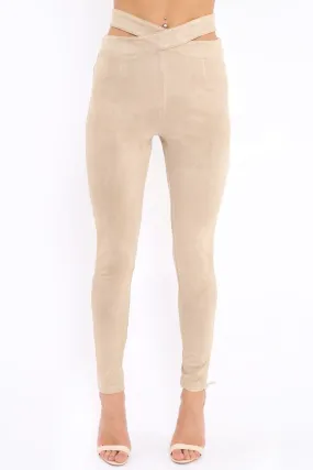 Camel Cut Out Waist Suede Leggings - Anala