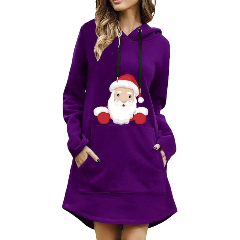 Christmas Print Hooded Long Sleeve Sweater Dress