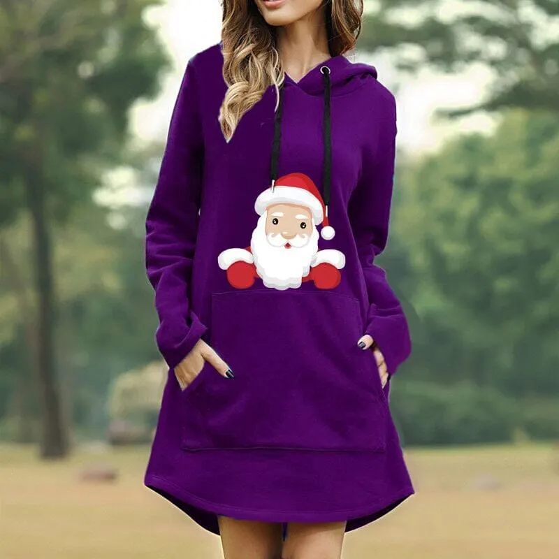 Christmas Print Hooded Long Sleeve Sweater Dress