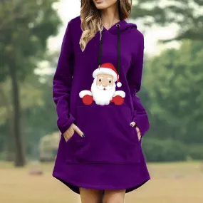 Christmas Print Hooded Long Sleeve Sweater Dress