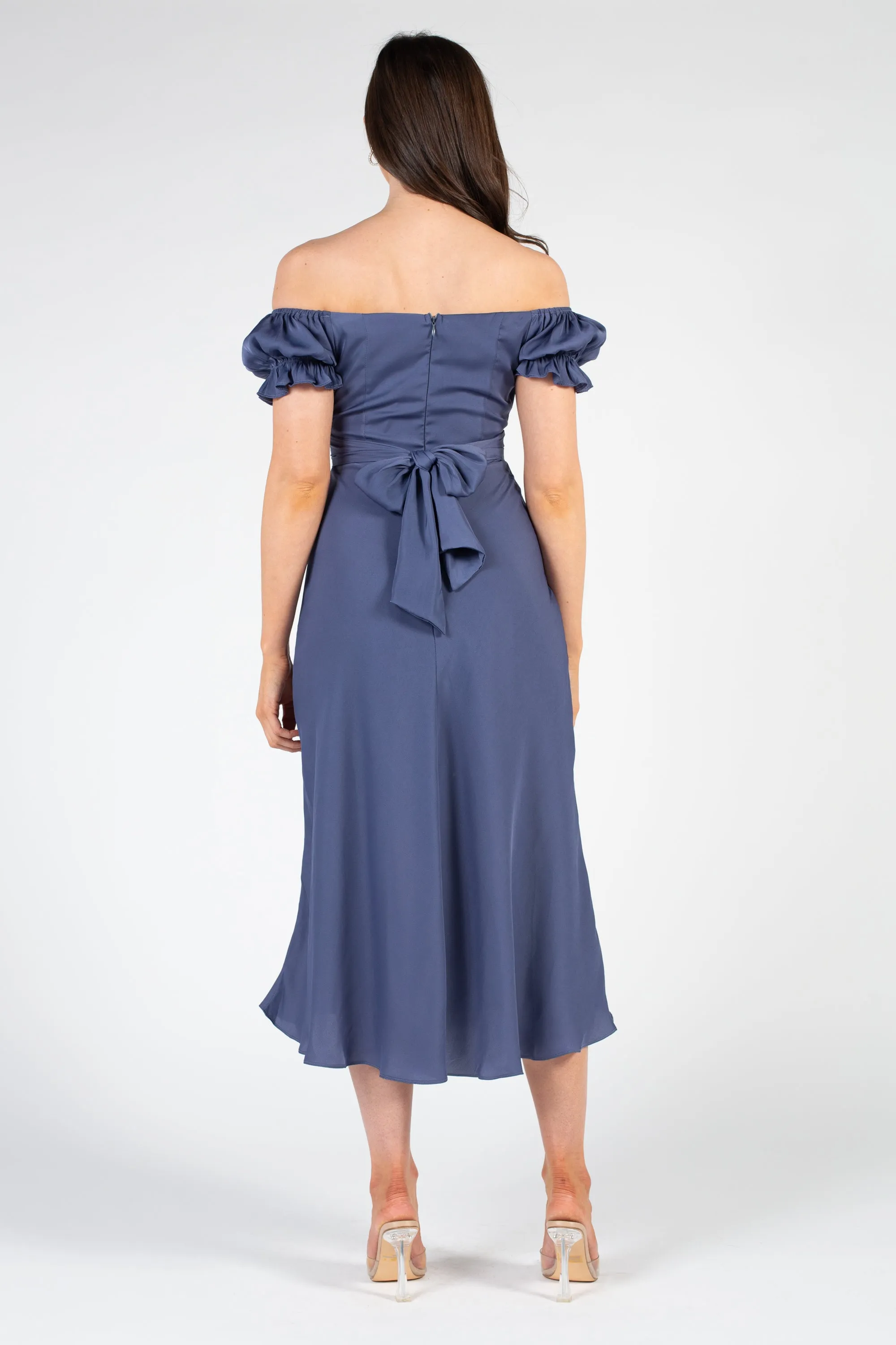 Cindy Satin Off-The-Shoulder Midi Dress