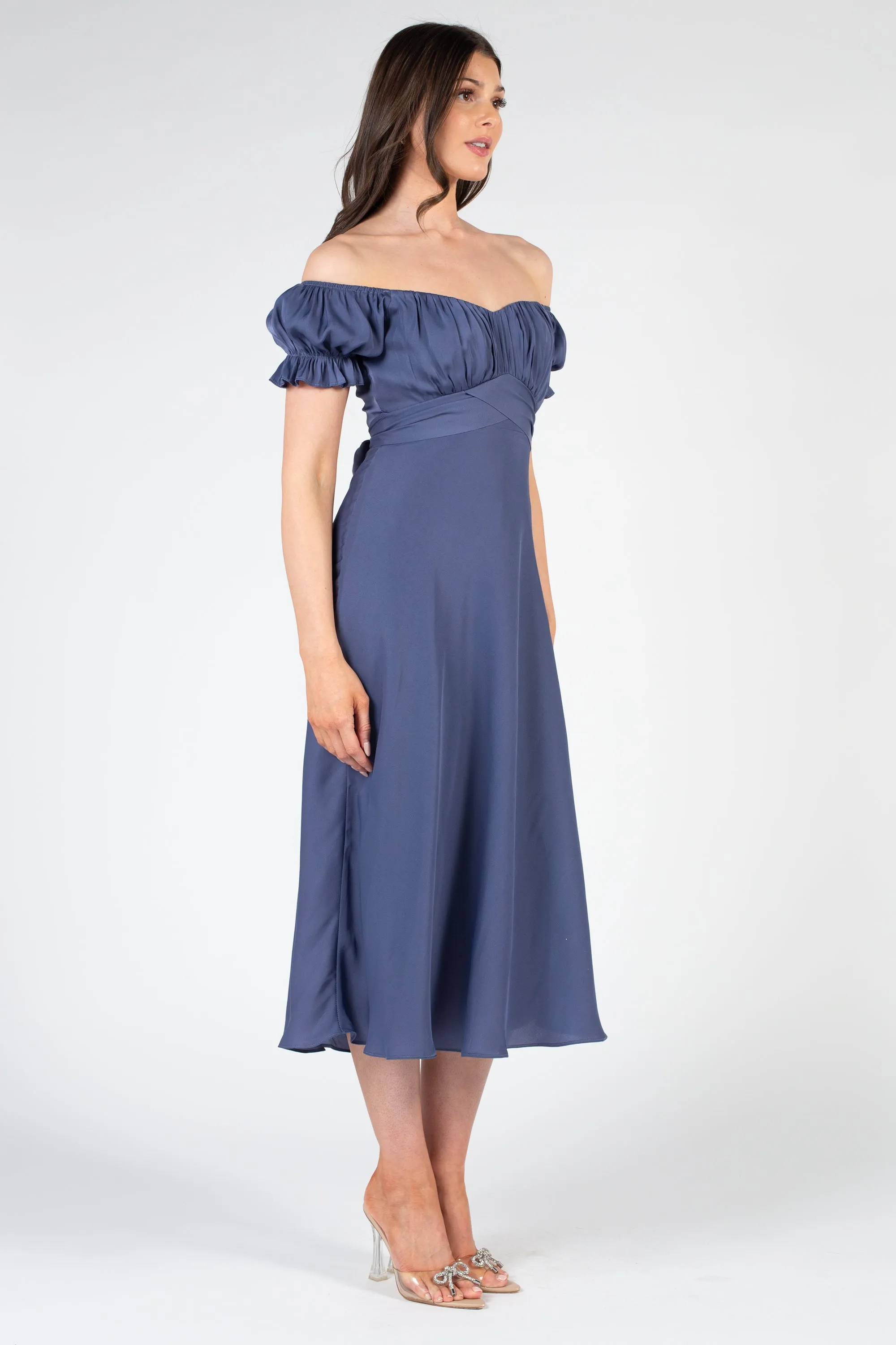 Cindy Satin Off-The-Shoulder Midi Dress