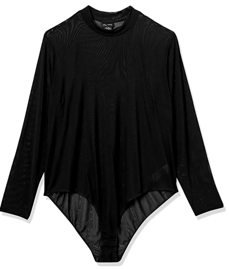 City Chic Women's Apparel Women's Plus Size Sheer Fitted Bodysuit with Long Sleeve, Black, XX-Large