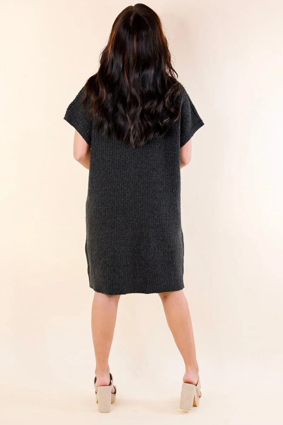 City Sights Cap Sleeve Sweater Dress in Charcoal Black