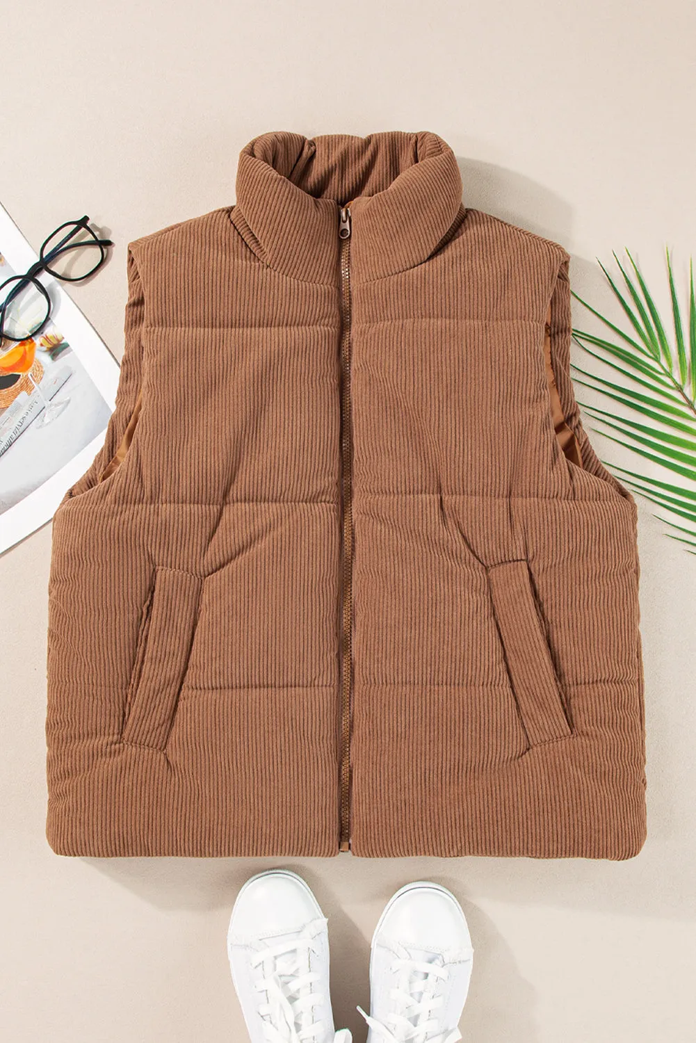 Coffee Corduroy Stand Neck Zipped Puffer Gilet