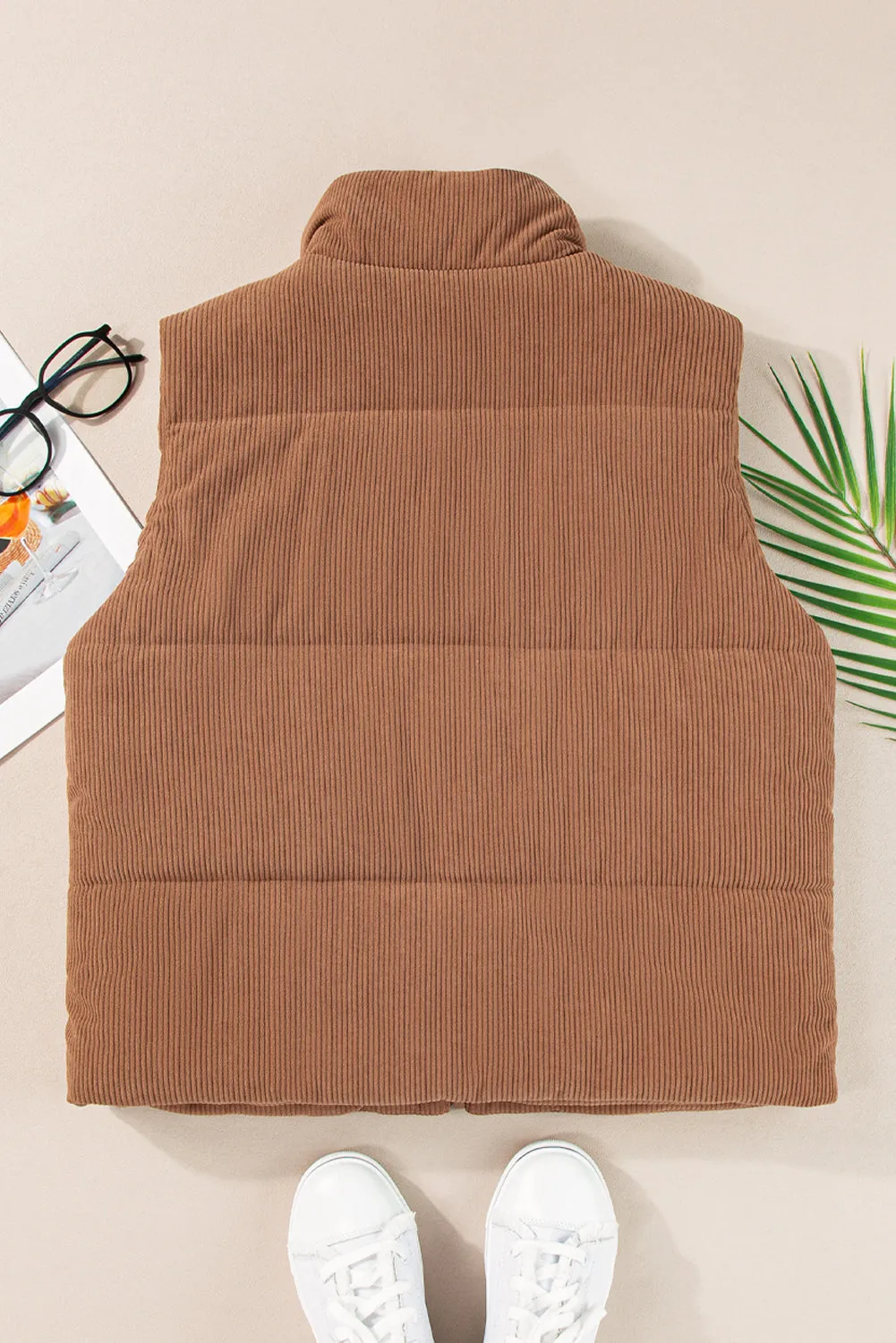 Coffee Corduroy Stand Neck Zipped Puffer Gilet