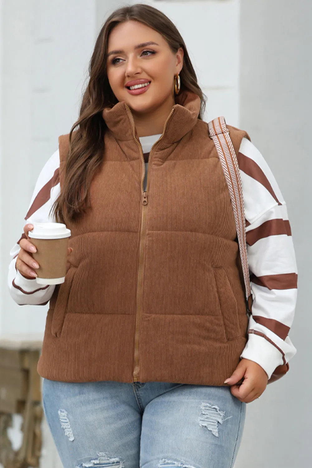 Coffee Corduroy Stand Neck Zipped Puffer Gilet