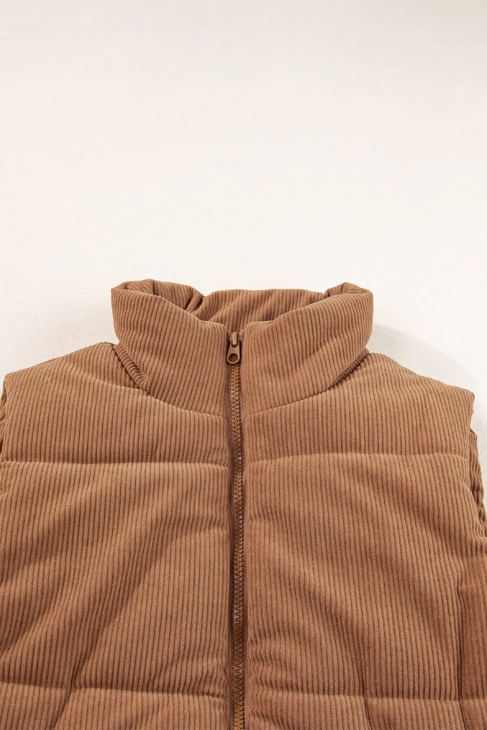 Coffee Corduroy Stand Neck Zipped Puffer Gilet