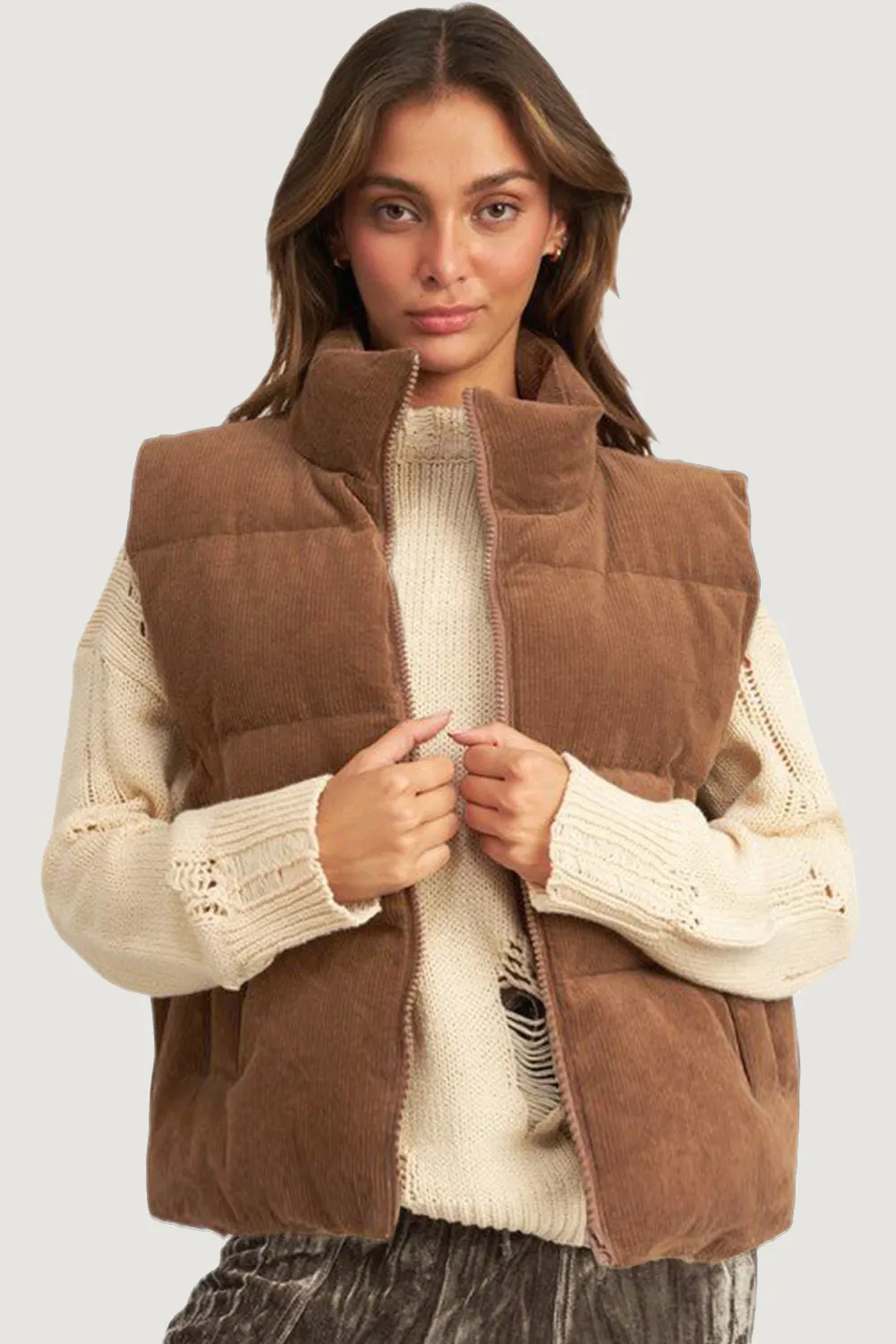 Coffee Corduroy Stand Neck Zipped Puffer Gilet