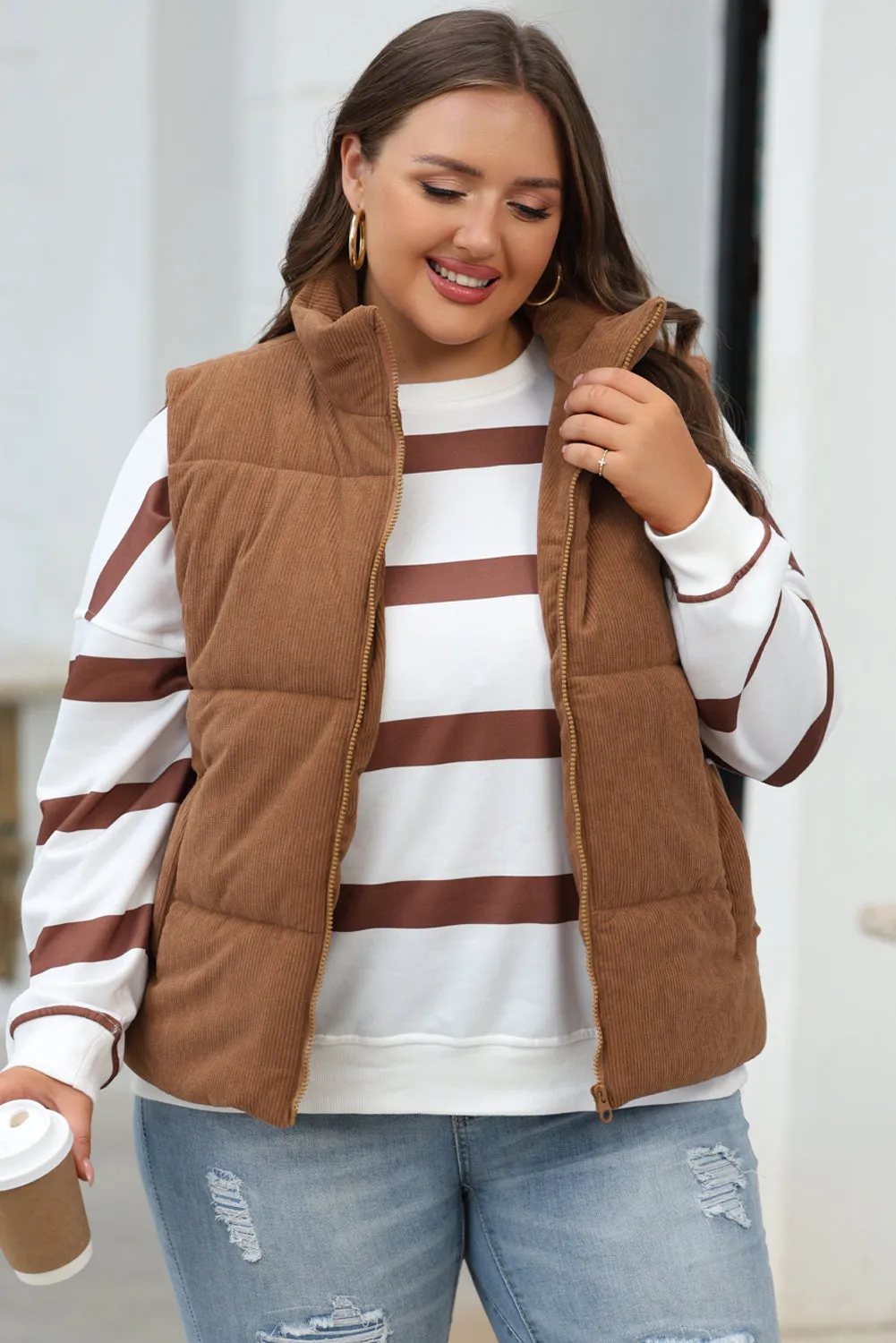 Coffee Corduroy Stand Neck Zipped Puffer Gilet