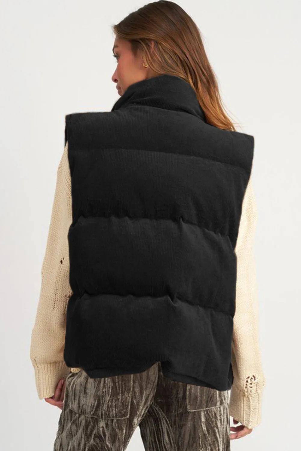 Coffee Corduroy Stand Neck Zipped Puffer Gilet