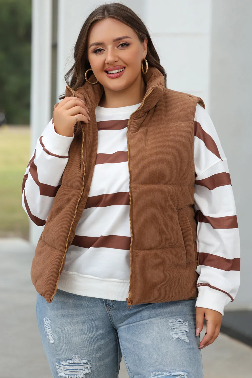 Coffee Corduroy Stand Neck Zipped Puffer Gilet