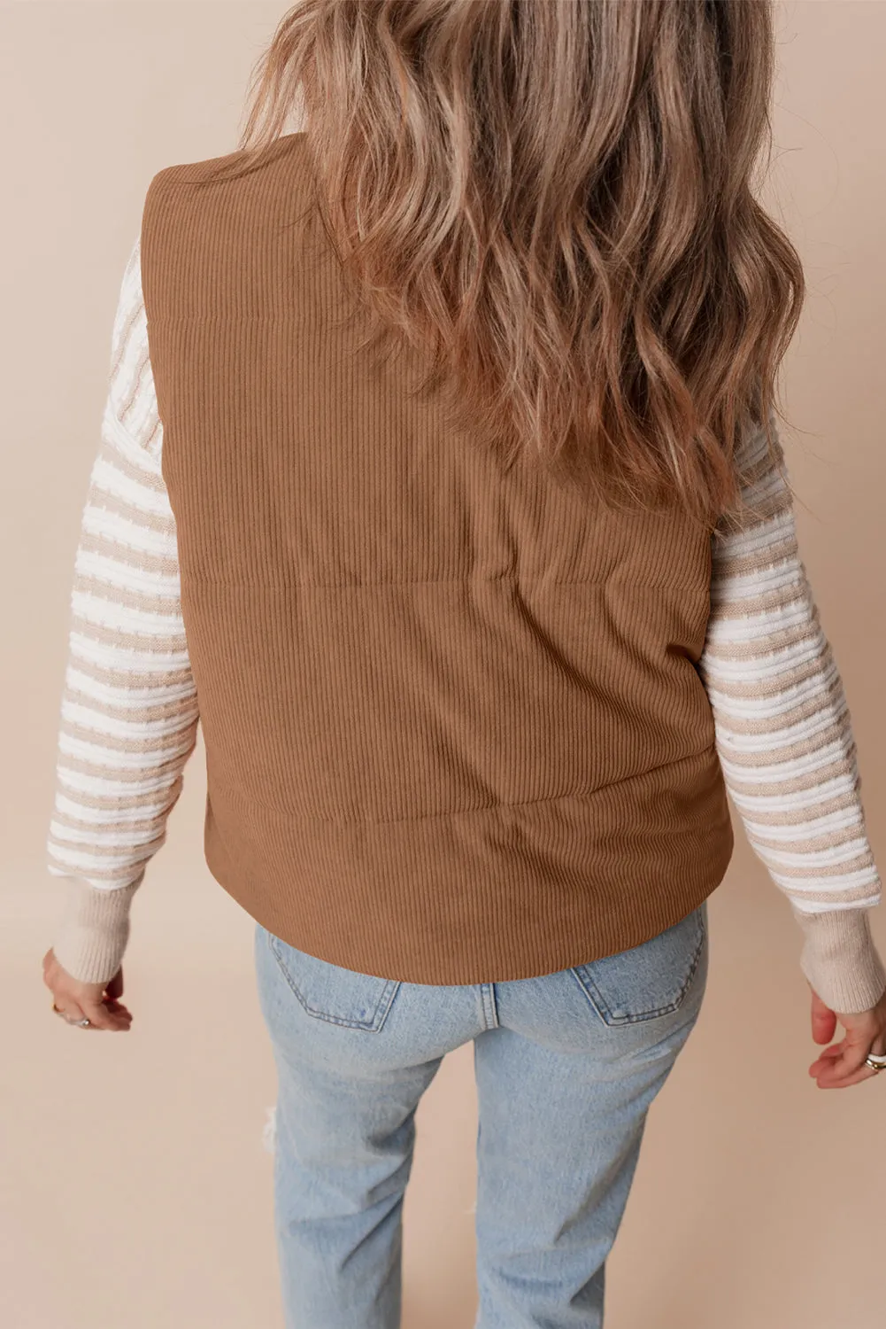 Coffee Corduroy Stand Neck Zipped Puffer Gilet