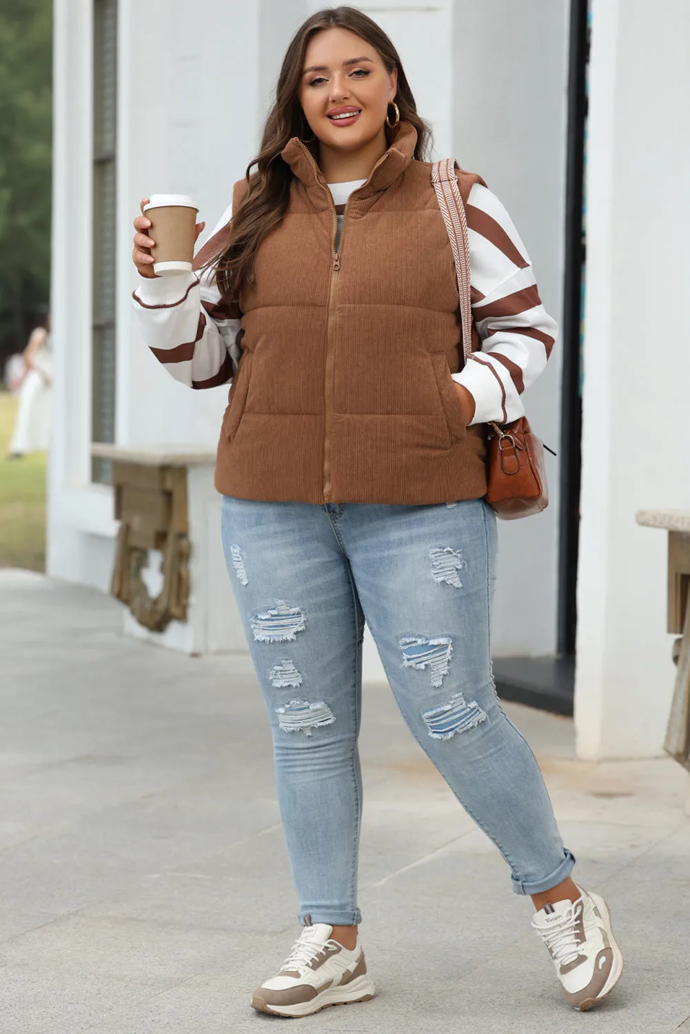 Coffee Corduroy Stand Neck Zipped Puffer Gilet